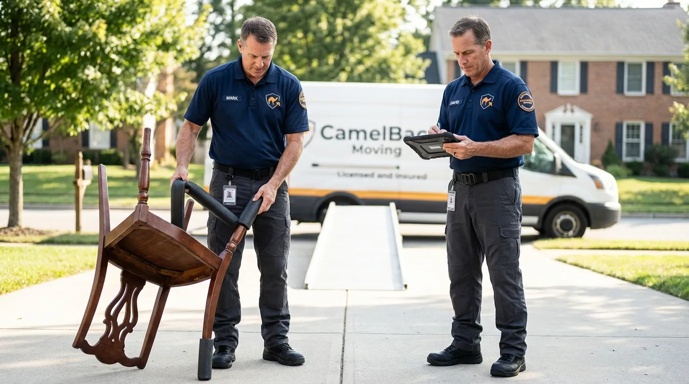 Movers inspecting furniture for damage prevention before loading in Paonia, CO